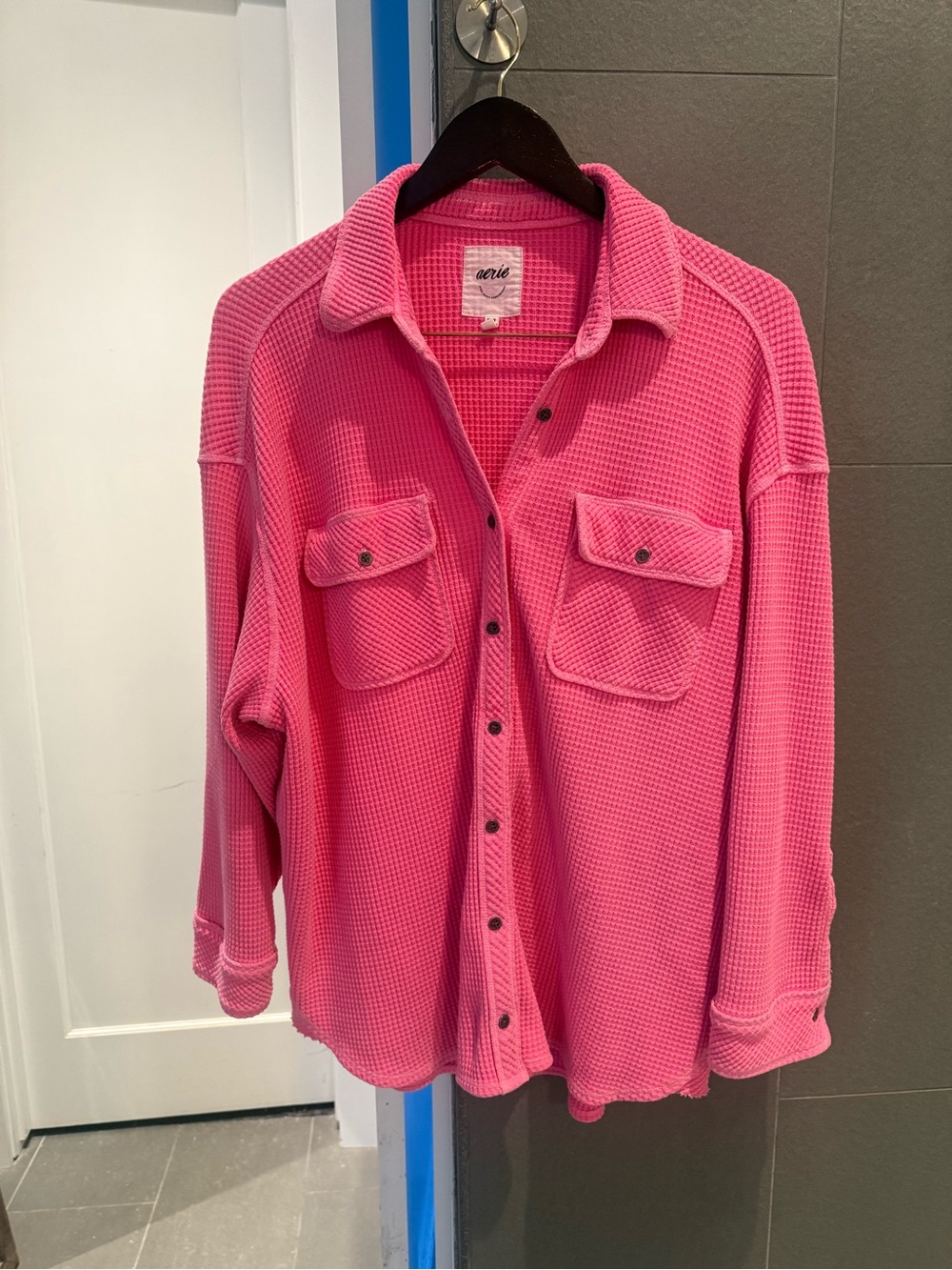 Aerie LumberJane Waffle Knit Oversized Button Down Shirt Shacket Pink M